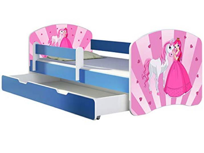 ACMA Kinderbett Jugendbett mit Einer Schublade und Matratze Blau mit Rausfallschutz Lattenrost II 140x70 160x80 180x80 (08 Princess, 180x80 + Bettkasten)