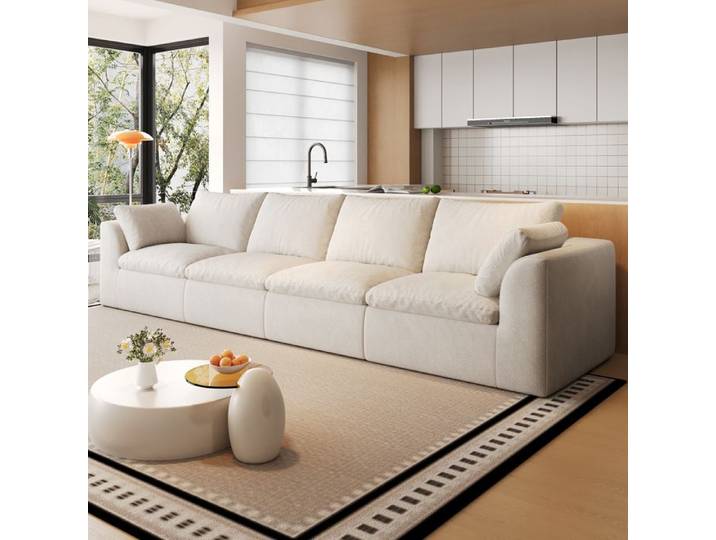 Canapé moderne 4 places en lin design carré aucun assemblage requis inclut 2 coussins décoratifs 310 cm blanc cassé.