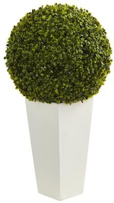 Nearly Natural "28"" Boxwood Topiary Ball Artificial Plant in White Tower Planter (Indoor/Outdoor)"