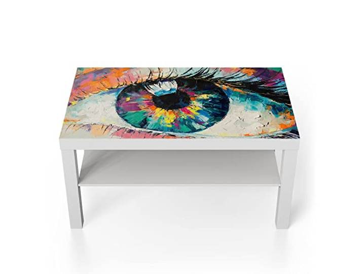 DEQORI Glastisch weiß groß 90x50 cm Motiv Auge in bunten Ölfarben ausgefallener Beistelltisch aus Glas Hochglanz Couchtisch fürs Wohnzimmer moderner Couch Tisch mit Design