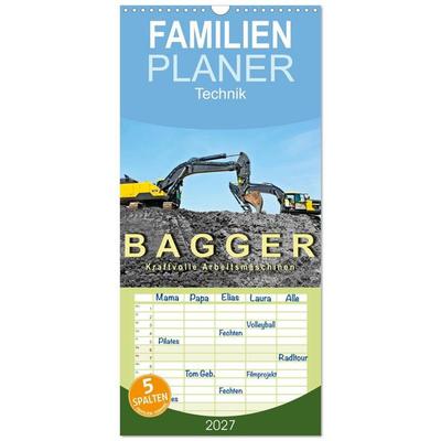 Familienplaner 2027 - Bagger - kraftvolle Arbeitsmaschinen mit 5 Spalten (Wandkalender, 21 x 45 cm) CALVENDO