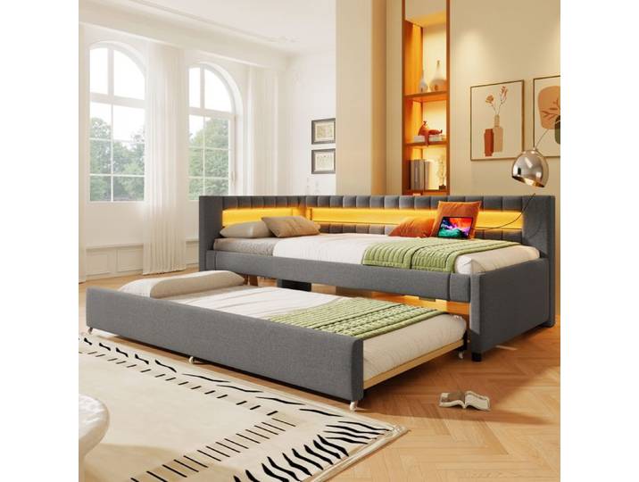 Lit de jour - KOMHTOM - Lit de jour/canapé-lit 90x200 - Gris en lin - Lit gigogne LED avec USB/Type-C