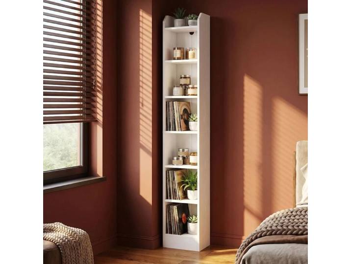 Armoire haute minimaliste 7 étagères réglables bibliothèque étroite ouverte gain de place idéale pour bureau blanc