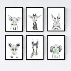 POSTER Set Mit 6 Tiere Babys Mit Kaugummi Schweinefleisch Girafa Kaninchen Fuchs Pferd Hunde A4 Rahmenlos