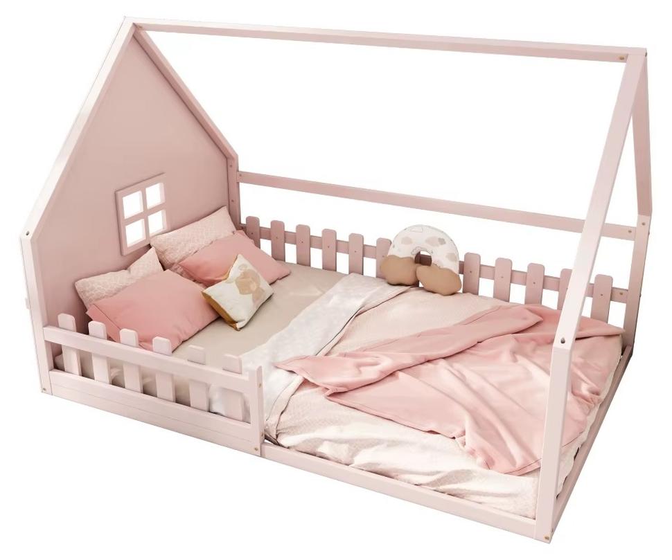 Hausbett - Kinderbett - 140 x 200 cm - Kiefernholzrahmen - Kindersicheres Design - Zur Selbstmontage - Rosa