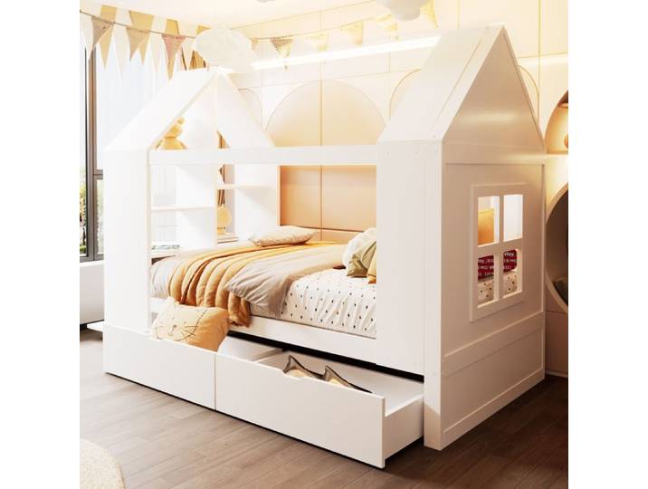 Lit enfant maison - Design maison avec fenêtres décoratives - Dimensions 90x200 cm - Deux tiroirs de rangement