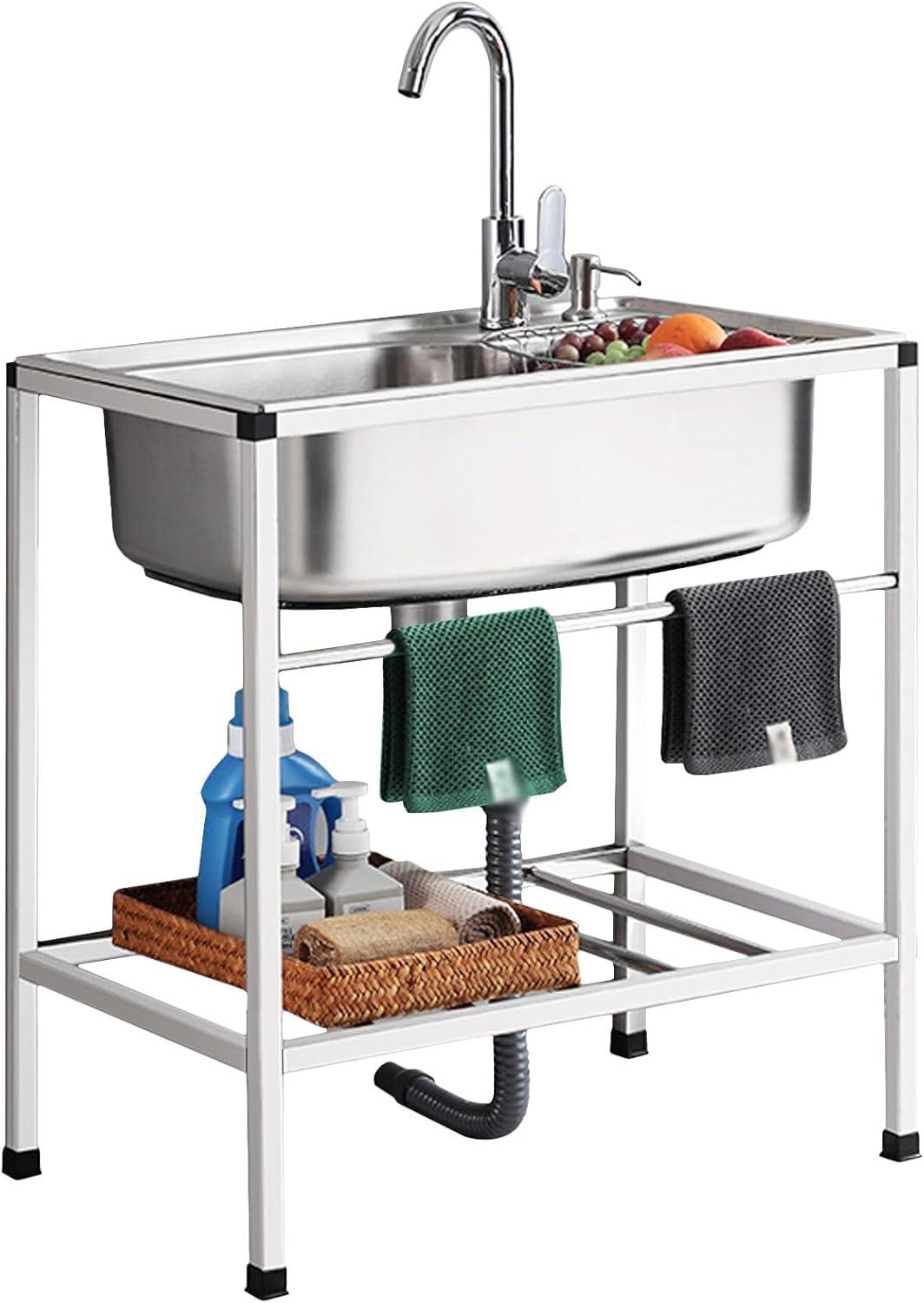 Edelstahl-Küchenspüle mit Wasserhahn - Freistehende Spüle für Innen- und Außenbereiche, Zuhause, Garten, Bar, tragbare kommerzielle Spüle, H 75 cm, Einzelbecken