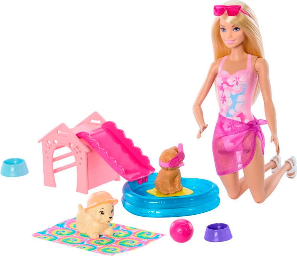 Anziehpuppe BARBIE "Barbie Hündchen Pooplparty aloha blond", bunt, Puppen, Kinder, Kunststoff, Anziehpuppe, Hundeschnorchelbrille mit Farbwechsel