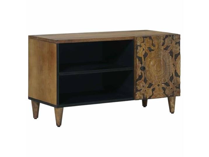 Makastle TV-Schrank 80 x 33 x 46 cm Braun Massivholz Mango mit Regal und Schwingtür für Wohnzimmer