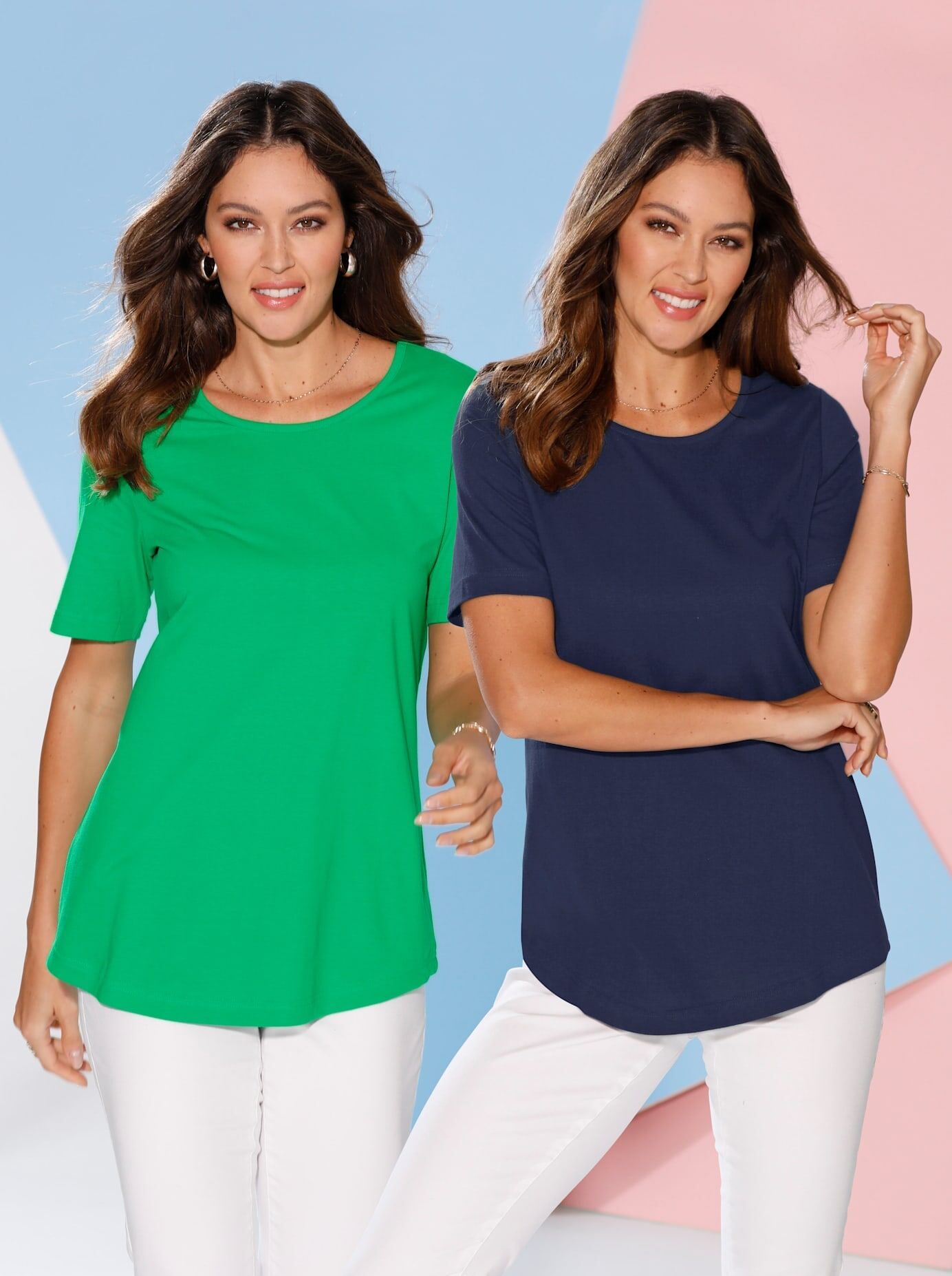 Longshirt CLASSIC BASICS "Doppelpack Shirts", Damen, Gr. 44, bunt (grasgrün, marine), 100% Baumwolle, unifarben, Rundhals, Shirts Longshirt grasgrün, marine 44