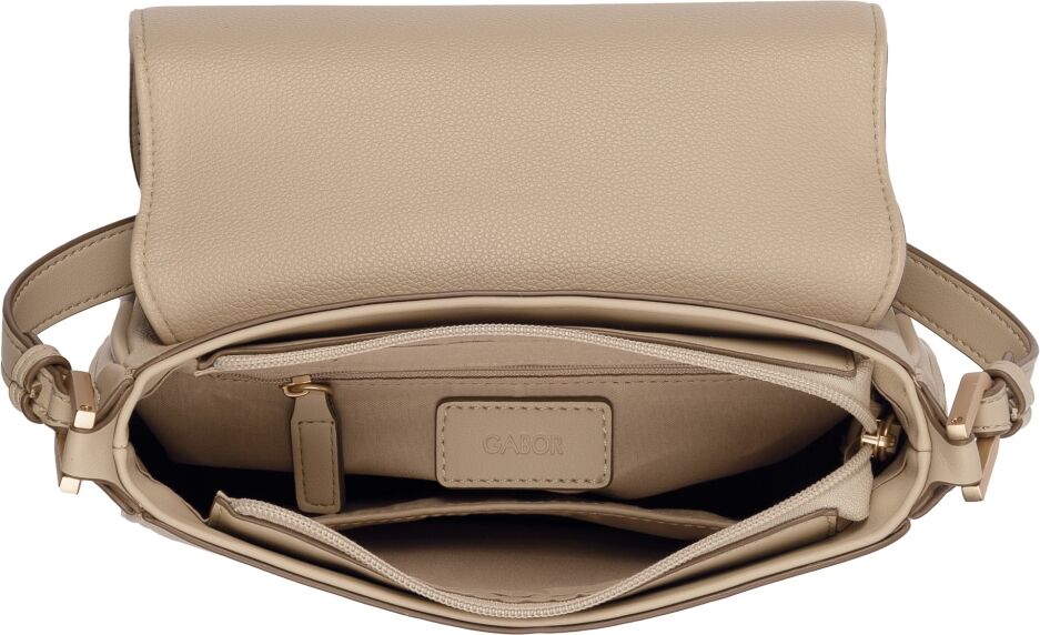Umhängetasche GABOR "Devika", Damen, Gr. B/H/T: 24,5cm x 19cm x 8,5cm, beige, Polyurethan, clean, gepflegt, unifarben, Taschen Umhängetasche, runde Formen sowie dekorative Seitenakzente mit Mini-Taschenanhänger beige B/H/T: 24,5cm x 19cm x 8,5cm