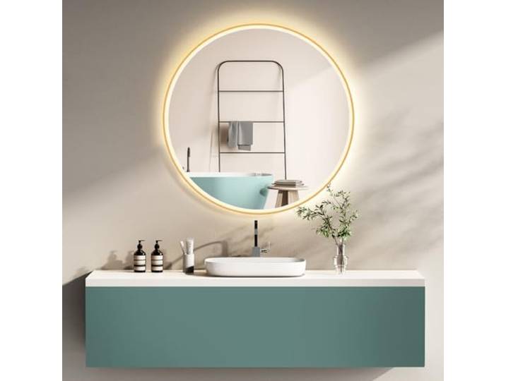 HOKO Badspiegel mit Beleuchtung rund 60 cm, goldener Rahmen, Touch-Schalter Runder LED-Wandspiegel mit Memory-Funktion und 2700–6500 K Farbwechsel für Bad, Gäste-WC und Schminktisch, IP44, Pisa