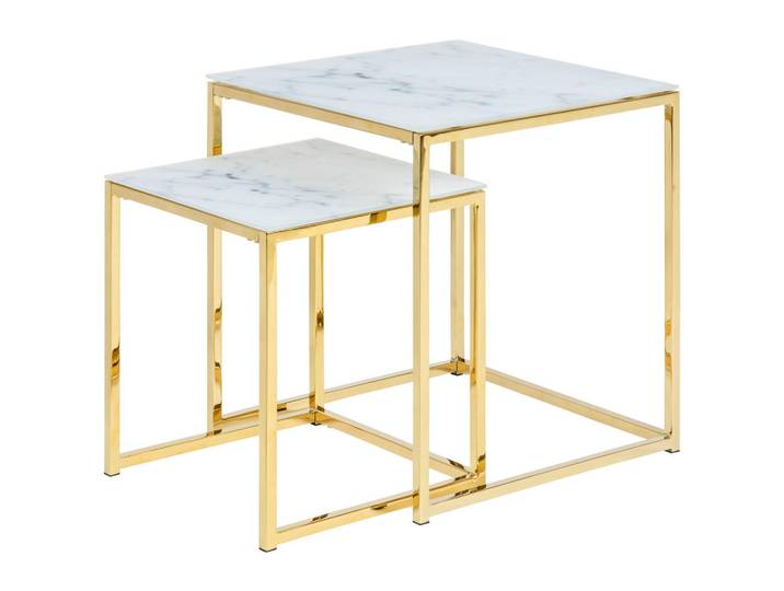 Ambia Home Couchtischset, Weiß, Gold, Metall, Glas, 2-teilig, Marmoroptik, rechteckig, eckig, 45x50x45 cm, Reach, Wohnzimmer, Wohnzimmertische, Couchtische, Couchtische Glas