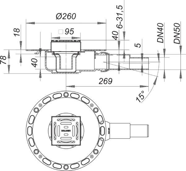 DALLMER Bodenablauf TistoPlan K 10, DN 40/ DN 50, 95 x 95 mm 513113