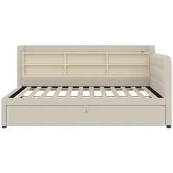 OKWISH Daybett Leinen Beige 90x200 cm mit Ausziehbett, USB + Typ C, Ablagefächern und Lattenrost, ohne Matratze