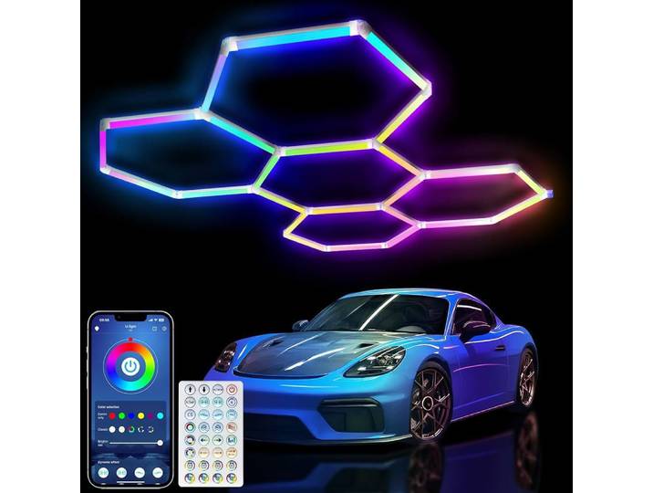 Lampes de garage hexagonales RGB, 356 modes de couleur, synchronisation musicale, contrôle intelligent via application, éclairage de plafond DIY en nid d'abeille.