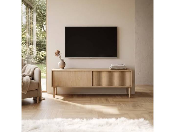 Lomadox Wohnzimmer Lowboard in Cremona Eiche, 153 cm breit, Rillenfront, 2 Klappfächer