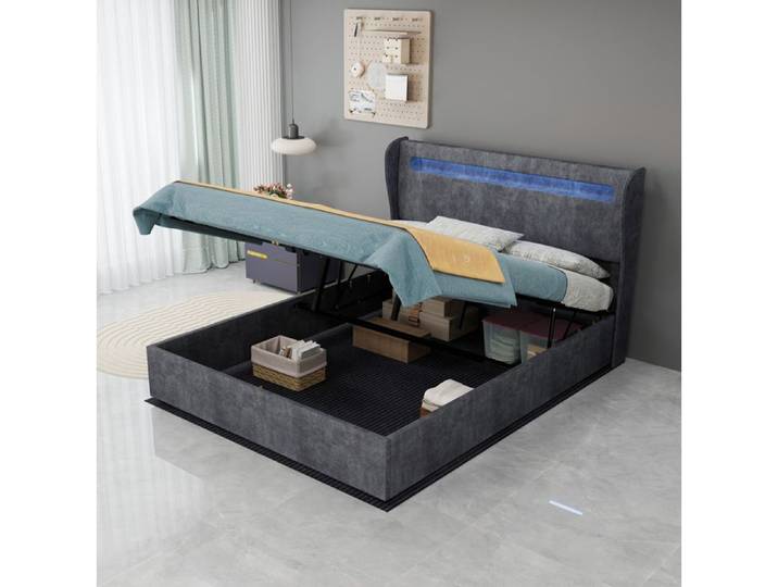 WOVREO Lit coffre 140x200 cm rembourré gris avec tête de lit LED sommier relevable et rangement