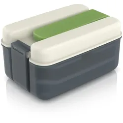 Arendo, Lunchbox 1,2 l mit Kühlakku, luftdichte Brotdose, 3 Innenboxen & Spork, grau/grün