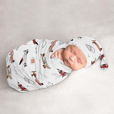 Sweet Jojo Designs Vintage Airplane Boy Baby Cocoon and Beanie Hat Sleep Sack 2pc Set- Transportation Clouds Sun Sky Aviator Red