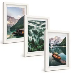 BILDER SET 3er Set - 20x30 cm Weißer Rahmen - Bergsee, Boot, Waldnebel