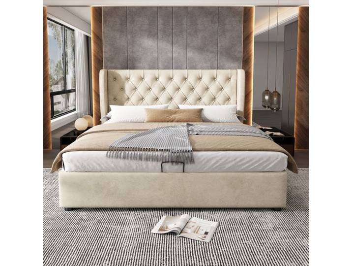 Lit coffre 180 x 200 cm - Lit avec sommier - coffre hydraulique - avec tete de lit - sommier a lattes inclus - Beige velours