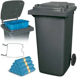 BRB 240 Liter Mülltonne grau mit Halter für Müllsäcke, inkl. 100 Müllsäcke