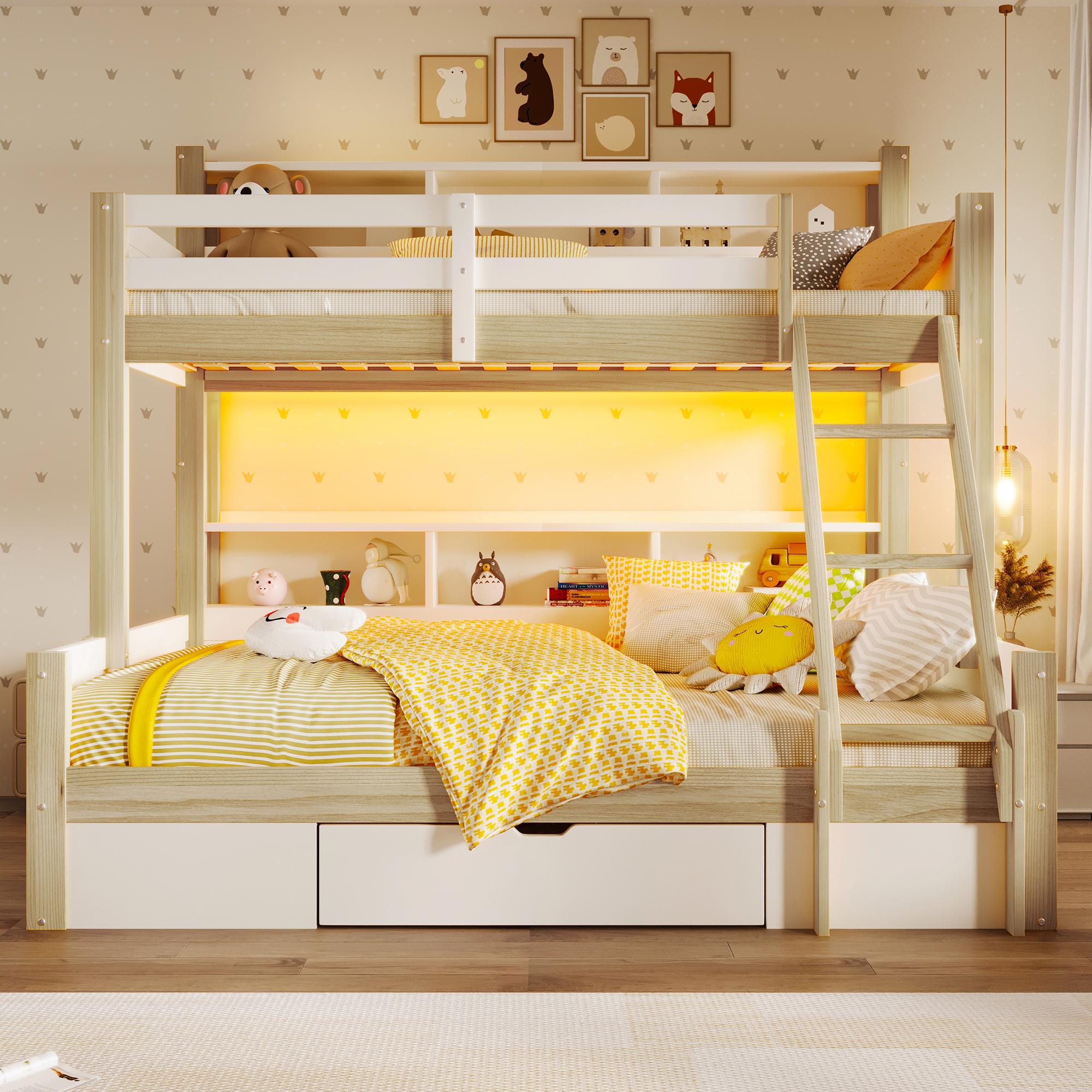 Flieks Etagenbett 90x200cm/140x200cm mit Rausfallschutz, Hochbett mit Leiter, Kinderbett Doppelbett mit Schublade und Regal, Naturbelassen