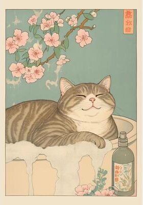 Inspired Finds Japandi Cat Bathtub Canvas Wall Art Retro Japanese Aesthetic Poster peach Soak 11.81x16.54in Unframed