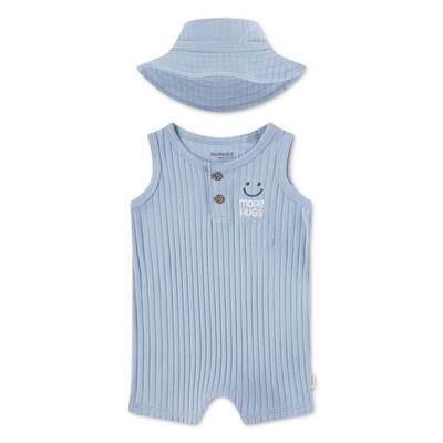 Neugeborenen-Geschenkset HUGGIES BABYWEAR "HUGB ROMPER + HAT ATTACHMENT", Mädchen, Gr. 3 (6M/68), blau (soft chambray), Jersey, Obermaterial: 100% Baumwolle, KOB Set-Artikel, mit passendem Hut, aus Baumwolle