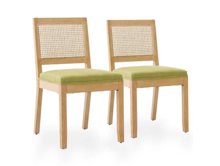 SEEDWAVE Esszimmerstühle 2er Set Küchenstuhl mit Rattan Rückenlehne, Massivholzbeine mit Filzfüßen, Gepolsterter Leinen Sitz, Boho Landhausstil (Hellgrün)