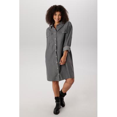 Jeanskleid ANISTON PLUS, Damen, Gr. 50, N-Gr, Langarm, Web, grau (grau denim), Web, Obermaterial: 100% Baumwolle, unifarben, figurumspielend kniebedeckend, 1-Knopf-Manschette, Kleider, modisches Jeanskleid - NEUE KOLLEKTION