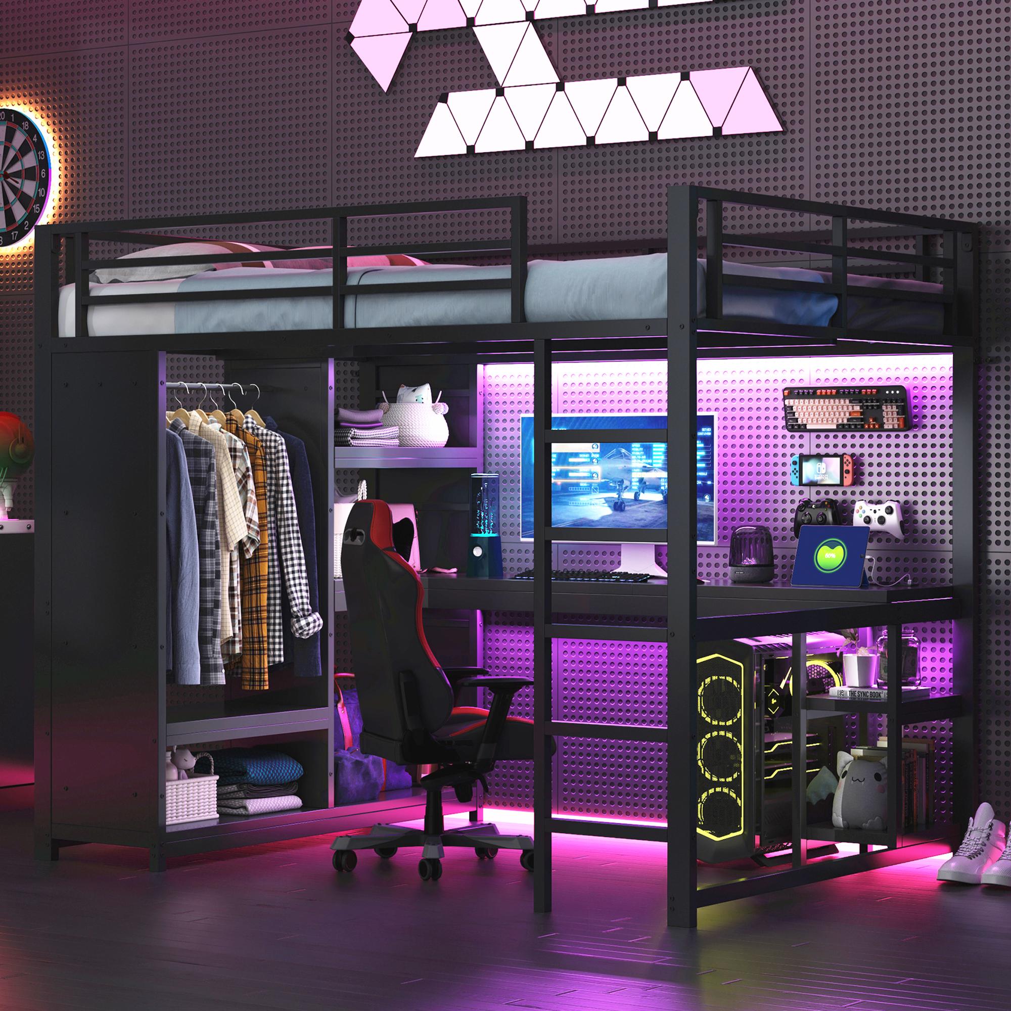 140x200 Metall-Gaming-Hochbett mit LED, Schreibtisch, offenem Kleiderschrank und Ablagefächern, Schwarz