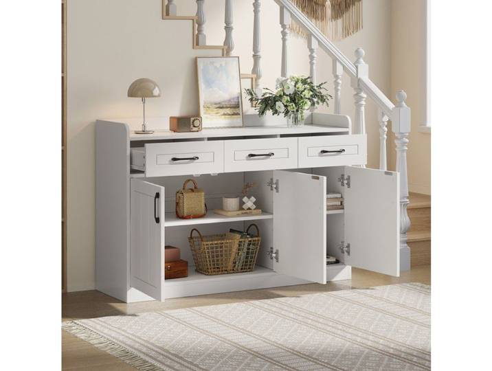 MEUBLIV Buffet bas 120 x 35 x 80 cm avec 3 portes 3 tiroirs et étagères réglables blanc