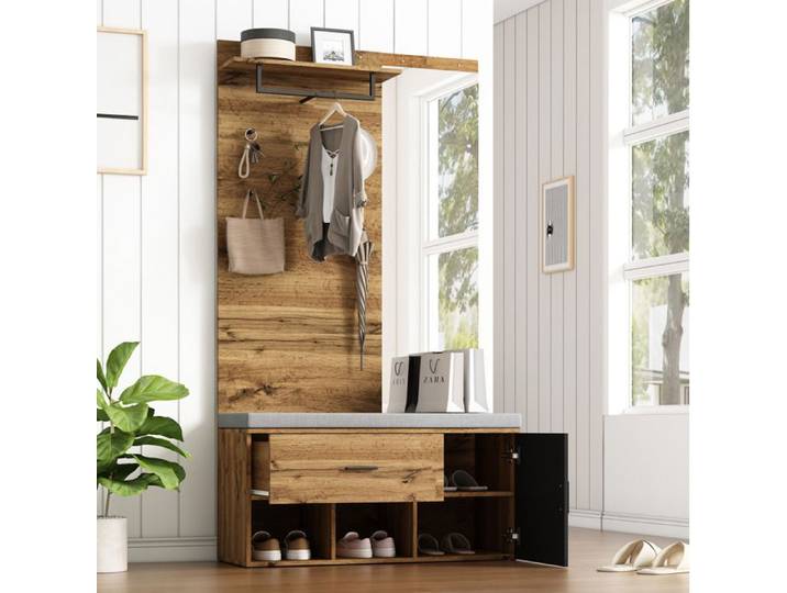 MEUVYX Meuble d'Entrée avec Miroir Banc Rembourré Tiroir Armoire à Chaussures 104 × 39 × 190 cm Chêne