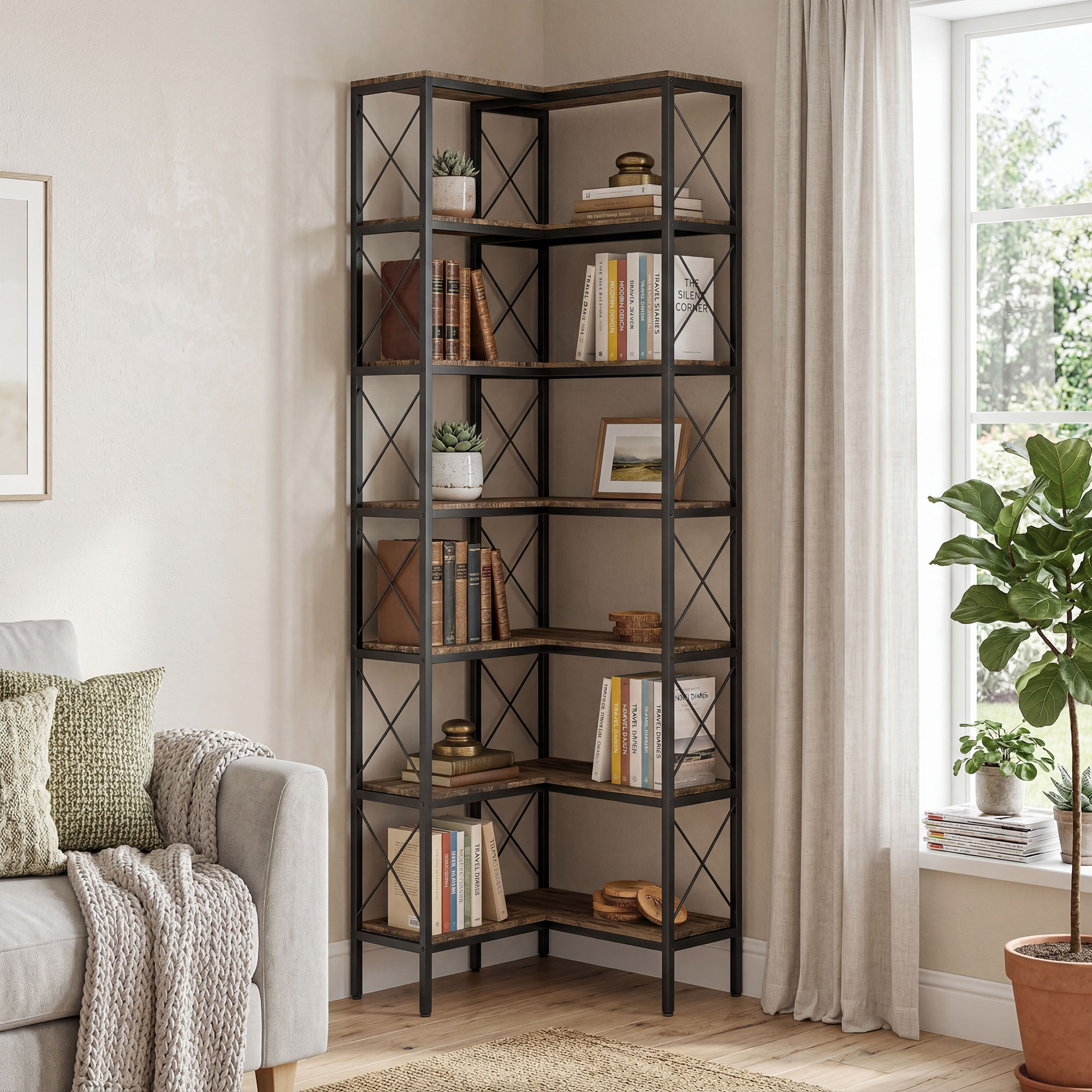 Homcom Libreria Angolare a 6 Ripiani a L Indipendente, Telaio in metallo, 60x60x200 cm, Marrone Rustico   Aosom Italy