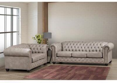 Heston Tufted Light Grey Faux Leather Chesterfield Sofa and Loveseat Set
