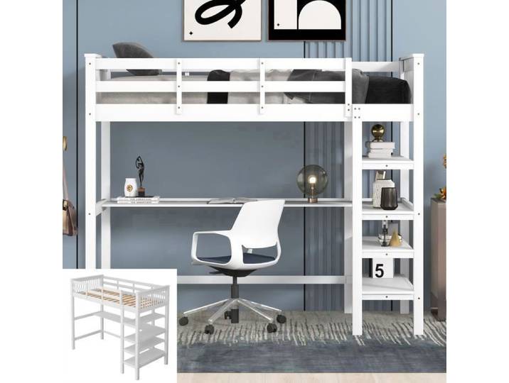 Lit mezzanine enfant 90x200cm avec bureau et tagre de rangement en bois massif Blanc LIT MEZZANINE