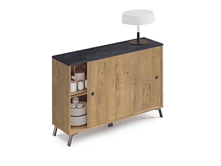Muebles Pitarch Sideboard für Wohn- und Esszimmer, Buffet, Beistellschrank, 2 Schiebetüren, Eiche Gold mit Schwarzen Beinen, 87x120x40 cm, Moderner Industrie-Empfangsbereich, Modell Kamet