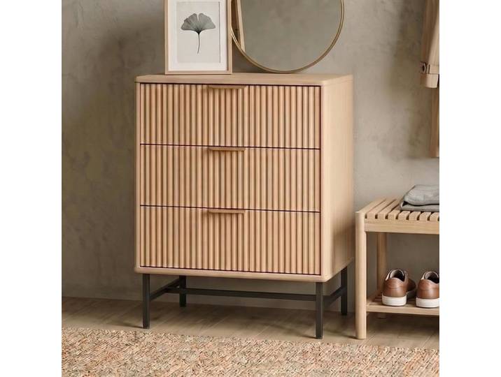 JIEXI Table de chevet moderne cannelée avec 3 tiroirs poignées dorées et cadre en métal pour chambre à coucher