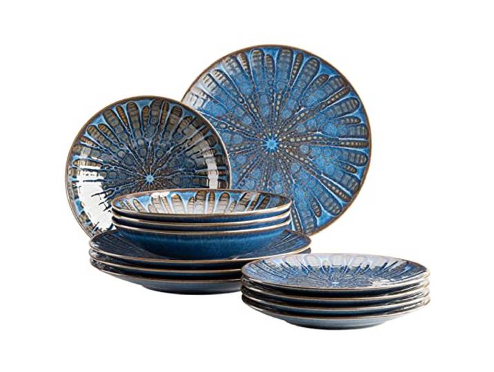 MÄSER 935074 Aquamarine, Aufregend lasiertes Teller Set für 4 Personen mit Speiseteller, Suppenteller und Dessertteller, 12-teiliges Tafelservice aus hochwertiger Keramik, Steinzeug, Blau