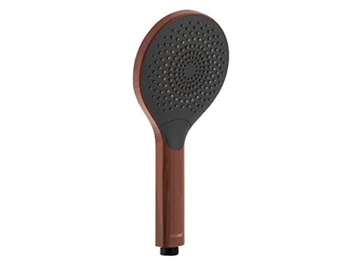 WENKO Duschkopf Watersaving Wood, wassersparende Handbrause in edler Holz-Optik aus Kunststoff, spart Wasser bei vollem Komfort mit 3 Strahl-Arten, ½“ Universalanschluss, Ø 12 cm, Braun/Schwarz
