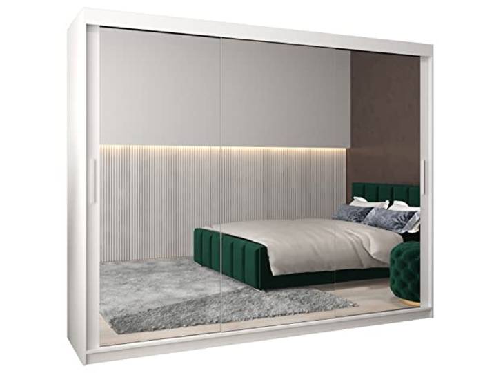 MEBLE KRYSPOL Tokyo 3 250 Schlafzimmerschrank mit DREI Schiebetüren, Spiegel, Kleiderstange und Regalen – 250x200x62cm - Mattweiß