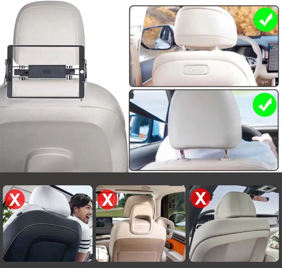INF Universal Schwarze Auto Kopfstütze Handy & Tablet Halterung, Verstellbare Halterung für 4,7-12,9" Geräte, kompatibel mit