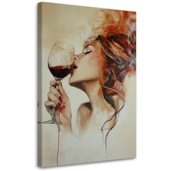 LEINWANDBILD Schöne Frau mit Rotwein Abstraktion 70x100cm