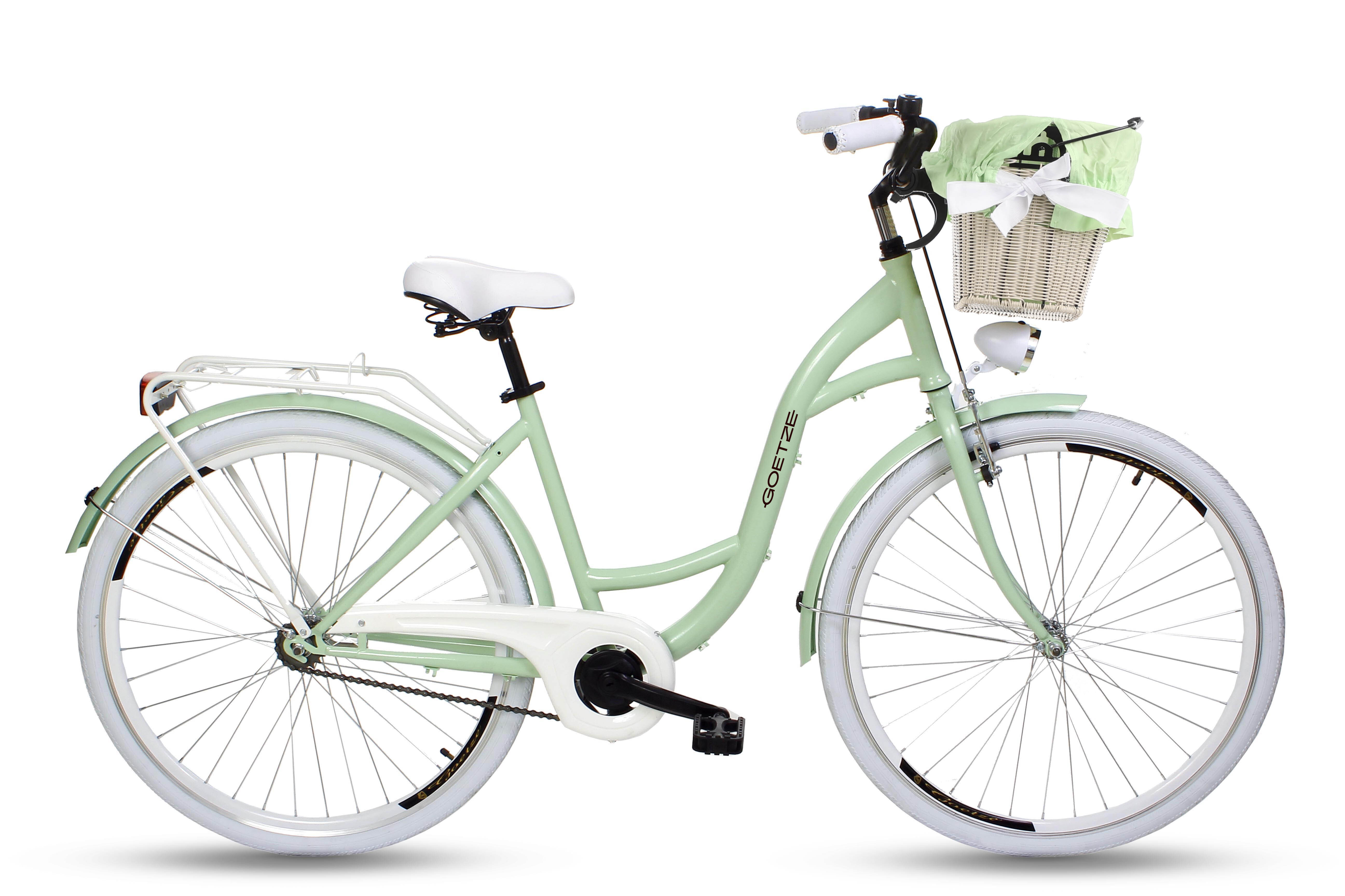 Goetze Style 28 Zoll City Bike, 18 Zoll Tiefeinsteigerrahmen, 1-Gang, V-Bremse & Rücktritt, LED-Beleuchtung, Komfortsattel, Rattankorb