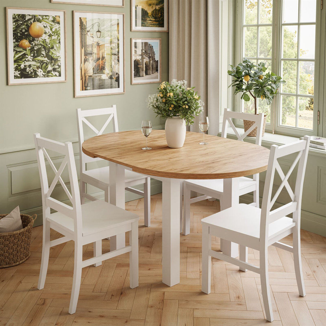 Rebrilliant Dining Set White; White/ Golden Kraft Oak Extendable Dining Table