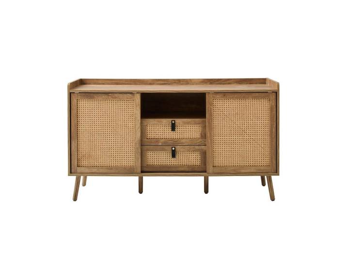 Calicosy Sideboard mit 2 Türen und 2 Schubladen mit Rattanfronten 39/140/80 cm, Apfelbaumfarben, Holzwerkstoff, 39x80x140 cm, Kleinmöbel, Kommoden, Sideboards