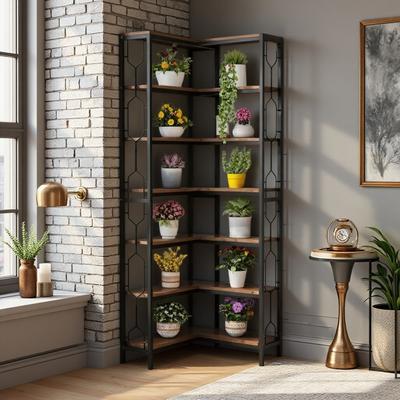 ZWYO HOSIMU "23.62"" MDF Metal 7-Tier L-Shaped Corner Display Bookcase with 100lb Shelf Capacity & Industrial Hexagonal Design."