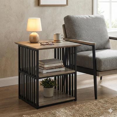 Benjara Nori 23 Inch Nightstand, 2 Shelves, Metal Base, MDF, Antique Oak and Black